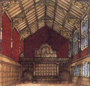 The restored Robson organ on its gallery in the Great Hall, Queen's University Belfast